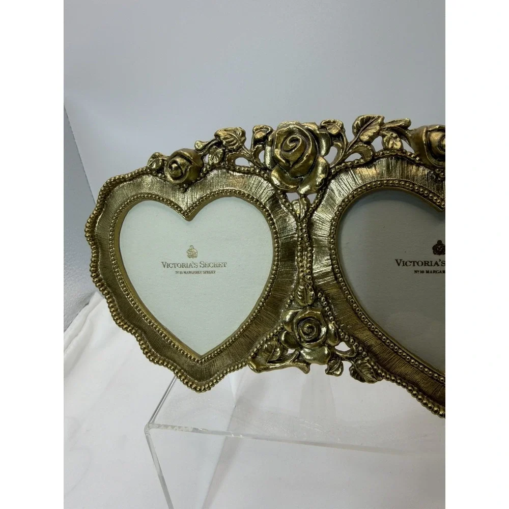 Victoria's Secret Double Heart Vintage Brass Floral Rose Picture Frame